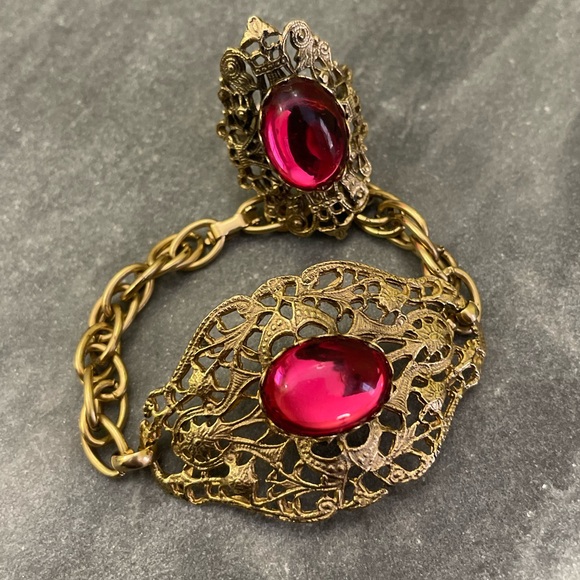 Estate Jewelry - Vintage West Germany Gold Filigree Bracelet Red Glass Ring Set